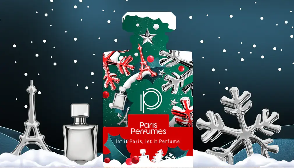 Paris Perfumes 2026 kalendri roheline parfüümipudeli kujuline karp punaste lumehelveste ja kirjaga let it Paris, let it Perfume
