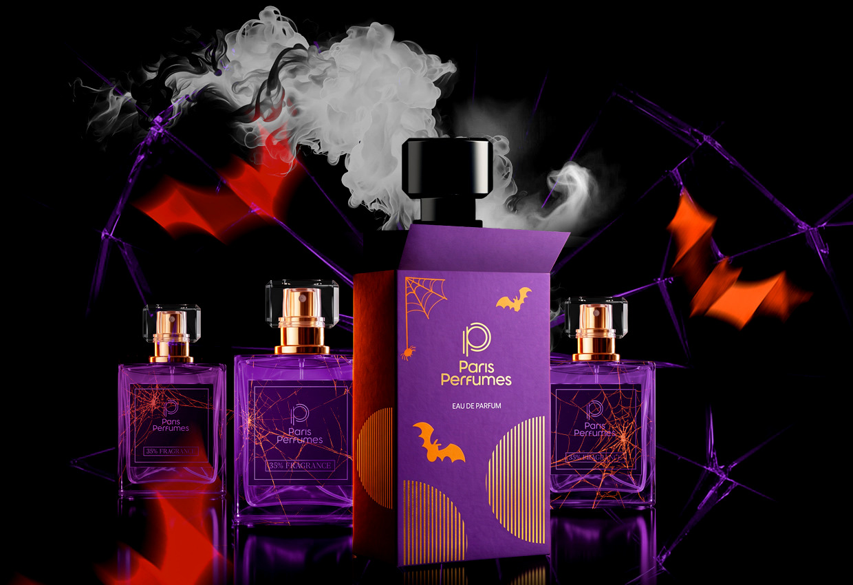 Kolm lillat Paris Perfumes pudelit ja halloweenikarp suitsu, nahkhiirte ja ämblikuvõrkude keskel