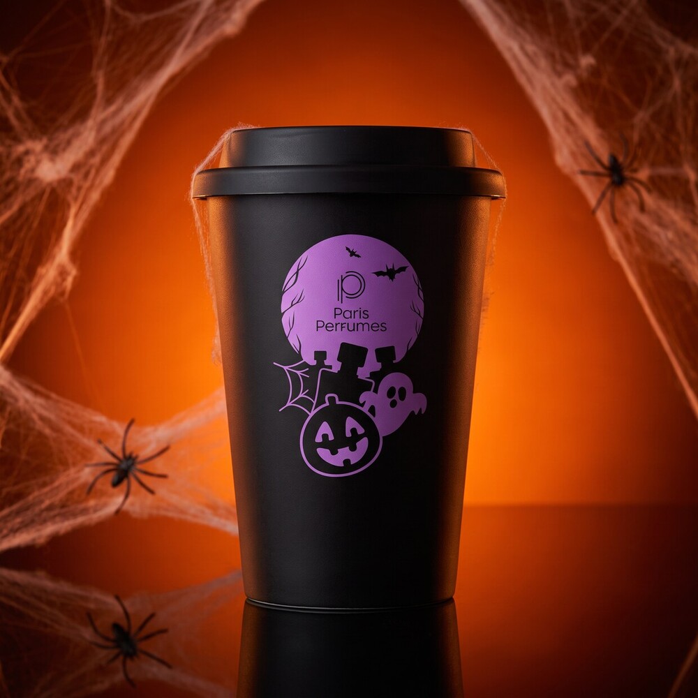 Must termokruus Hokus Paris Halloween Edition oranžil ämblikuvõrguga taustal