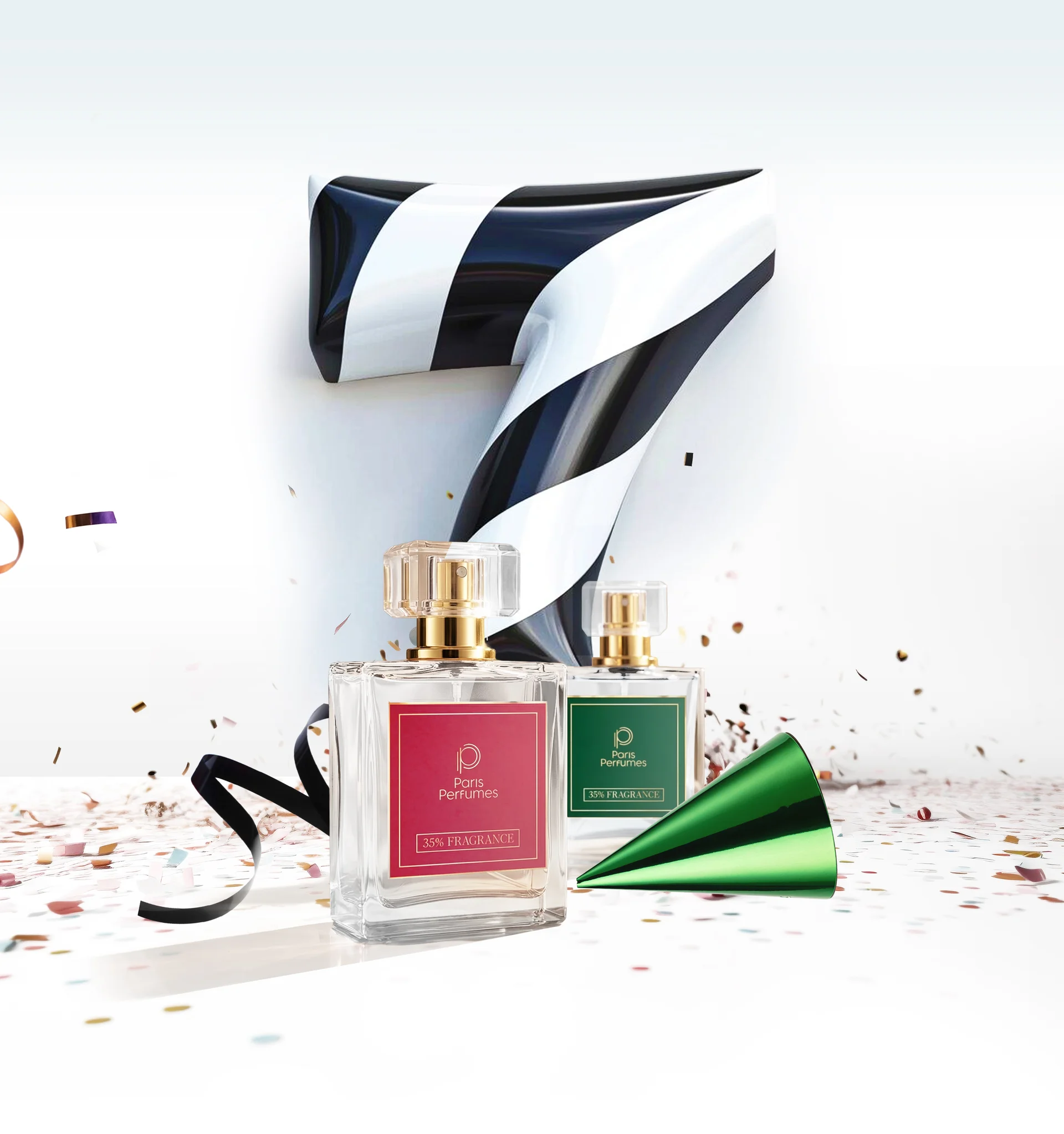 Sünnipäevakompositsioon numbriga 7 ja Paris Perfumes pudelitega