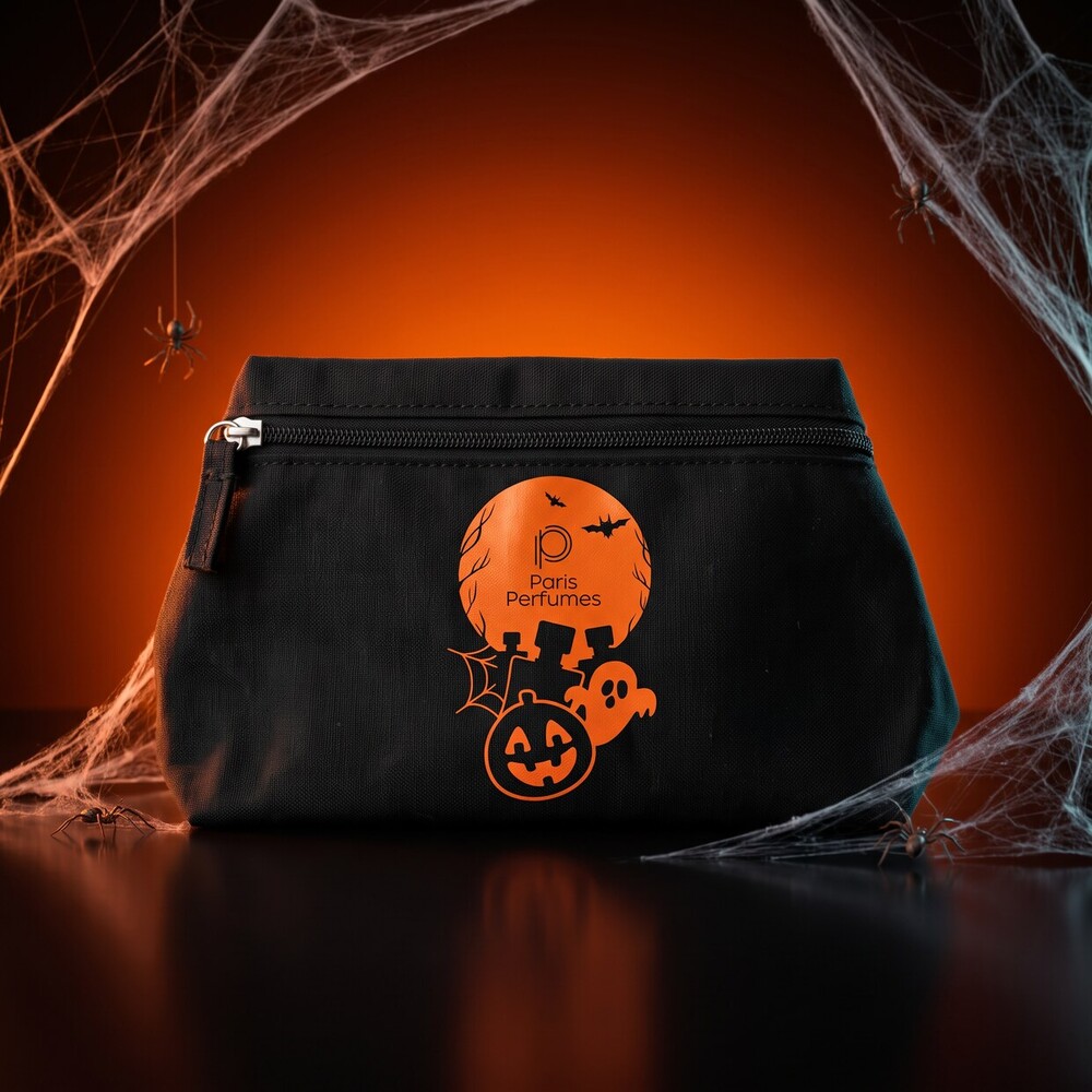 Must mini kosmeetikakott Spell Pouch Paris Perfumes kõrvitsaga ämblikuvõrgu taustal